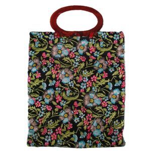 Vintage Black Floral Knitting Small Tote Bag Folding Snap Side Purse Shopper